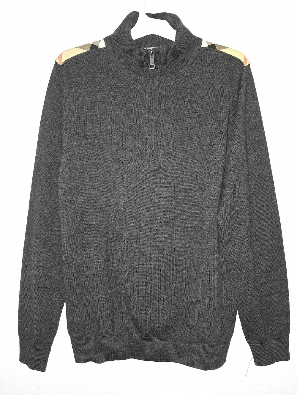 Burberry Dark Gray Zip-Front Sweater,Plaid Shoulder Accents,100% Wool,Size L